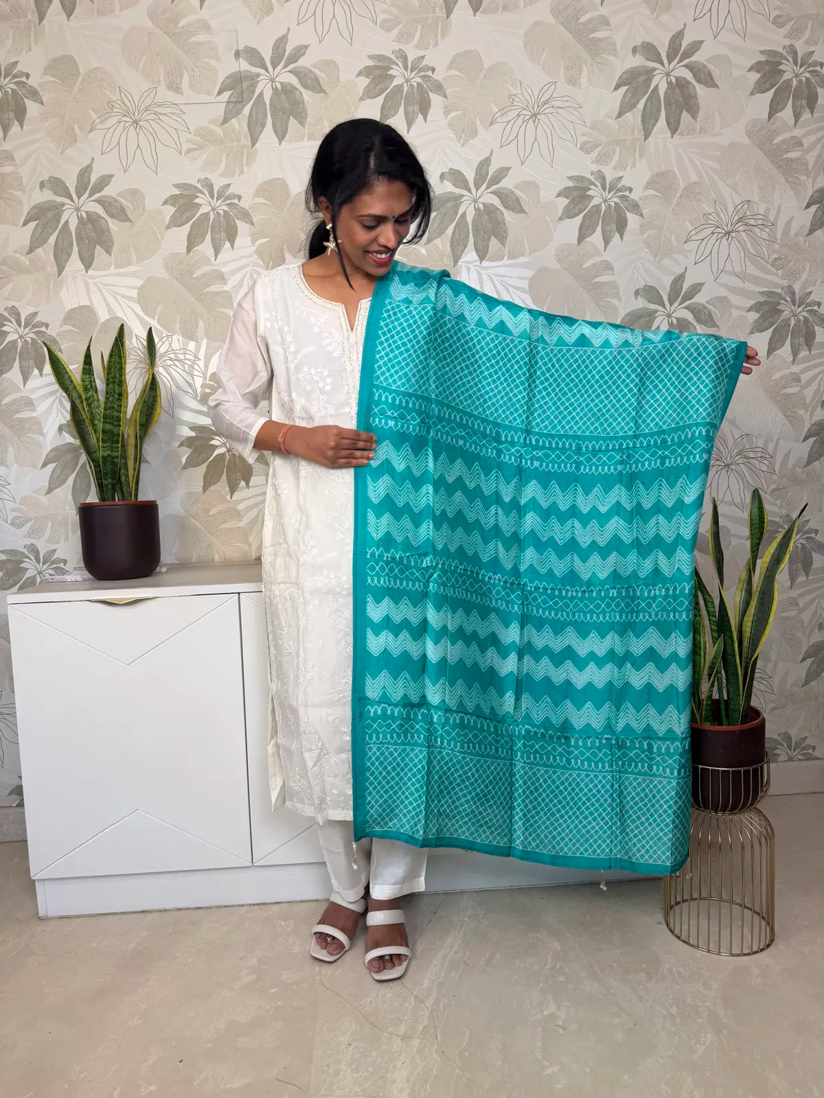 White Embroidered Salwar Set with Sky Blue Shibori Dupatta