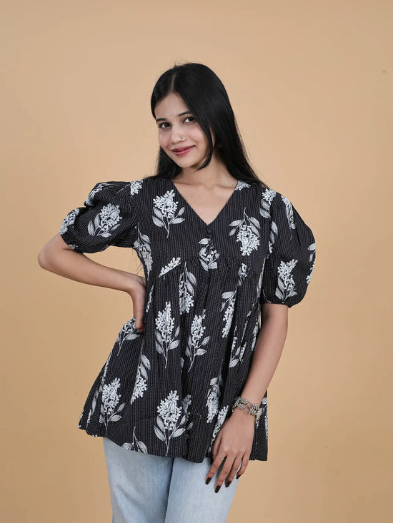 Black Floral Short Top Kurti | Alia Cut | Pure Cotton