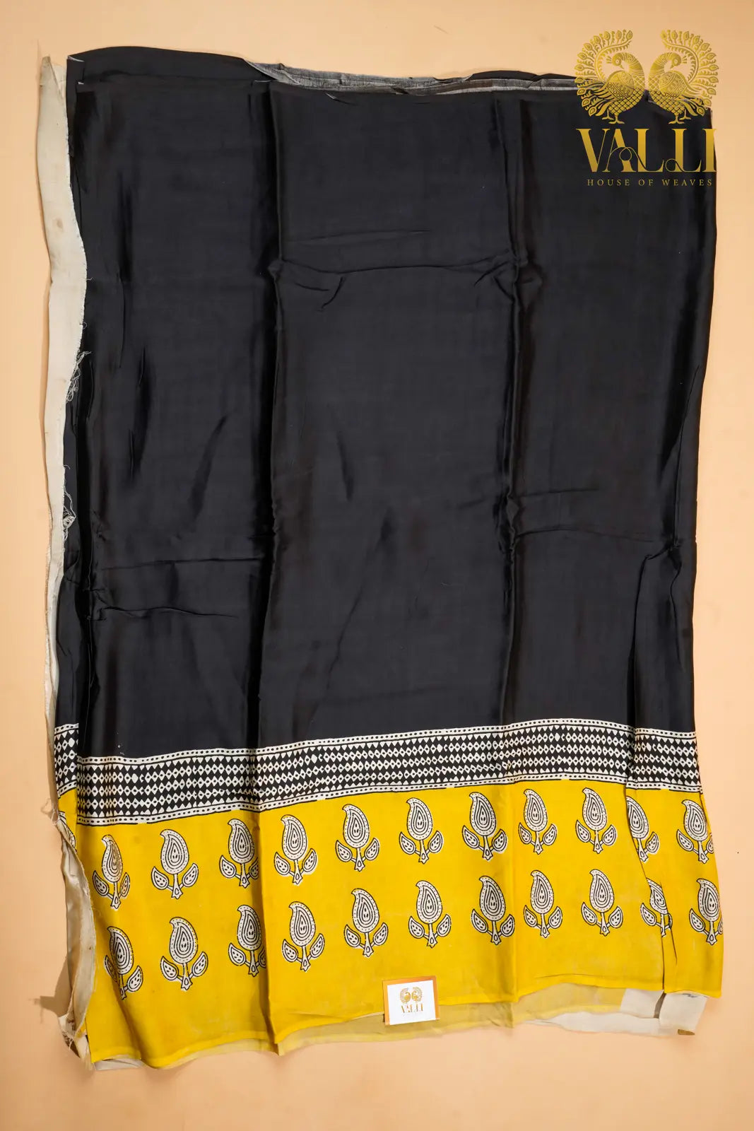 Black Modal Saree – Green Mango Motif Border with Beige Printed Blouse