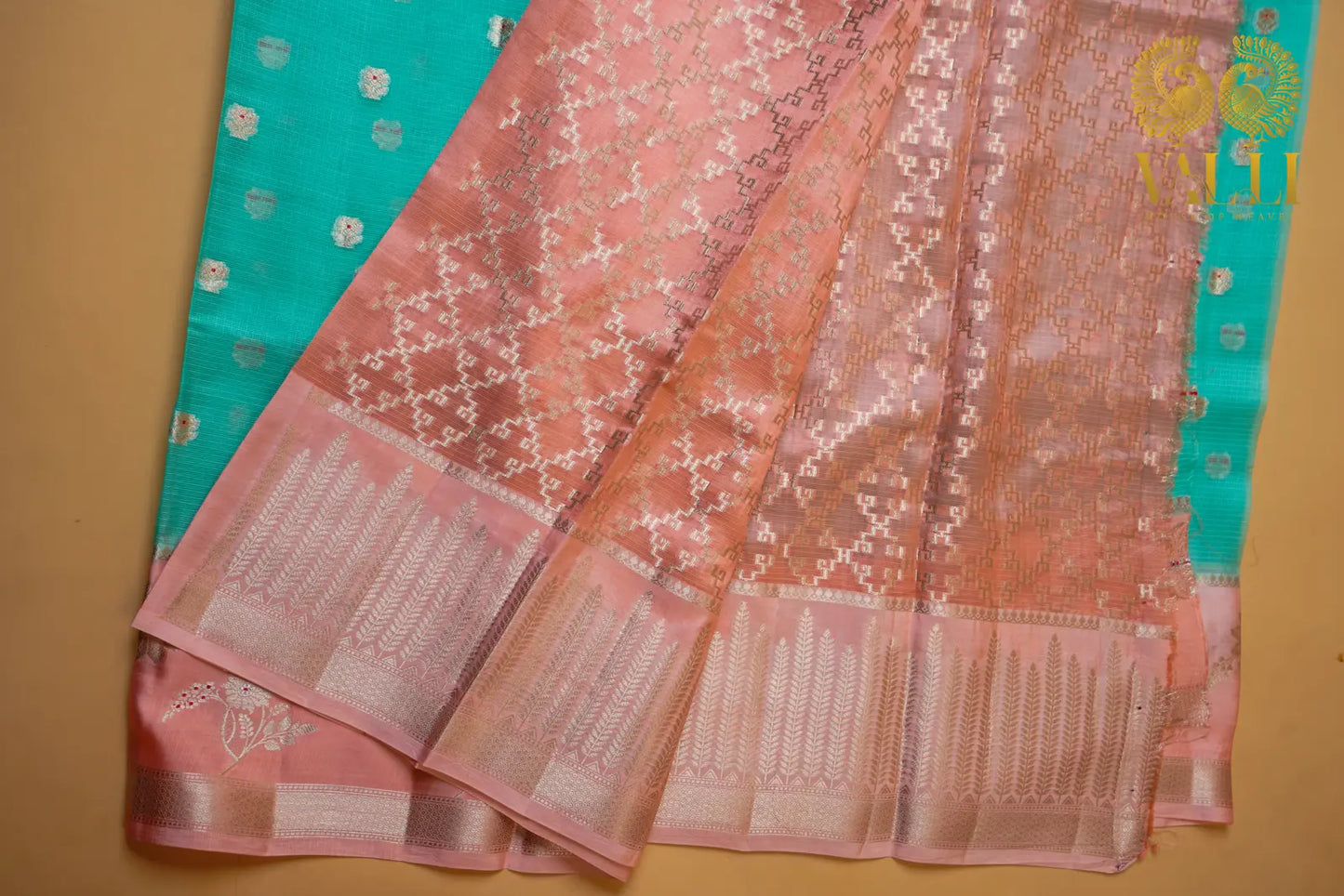 Sea Green Kota Saree with Raw Mango Border & Peach Brocade Blouse