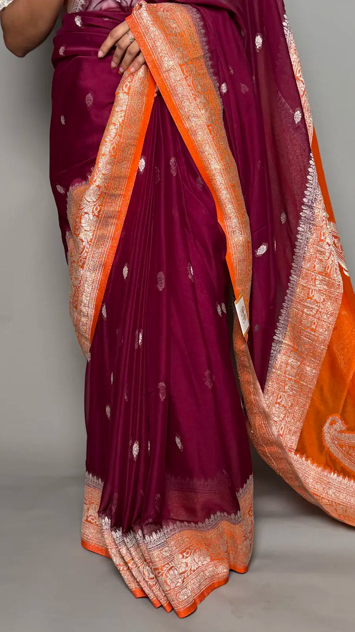 Maroon Chiffon Saree with Elegant Silver Zari Border