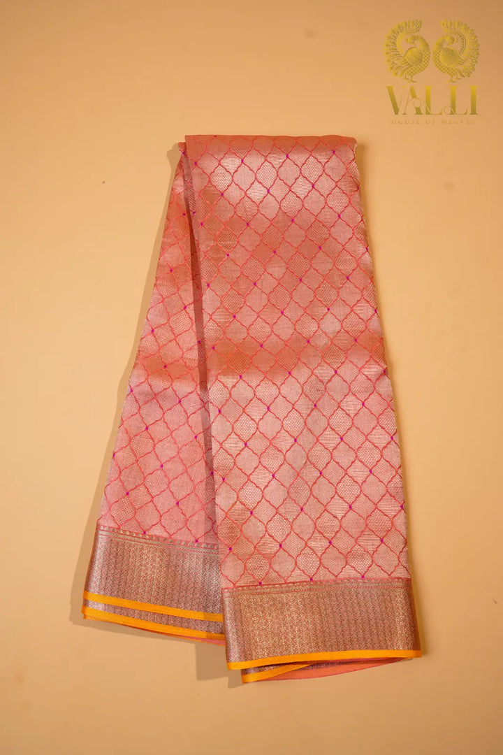 Peach Banarasi Crepe Silk Saree with Yellow Selvage