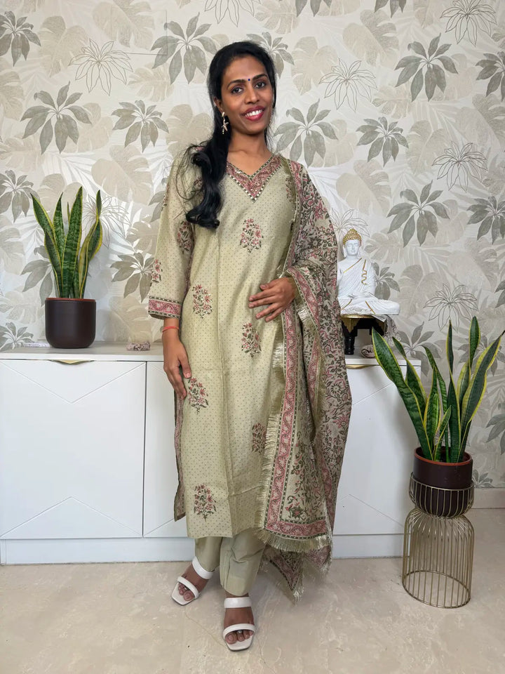 Olive Green Cotton Salwar Set with Traditional Block Print Dupatta