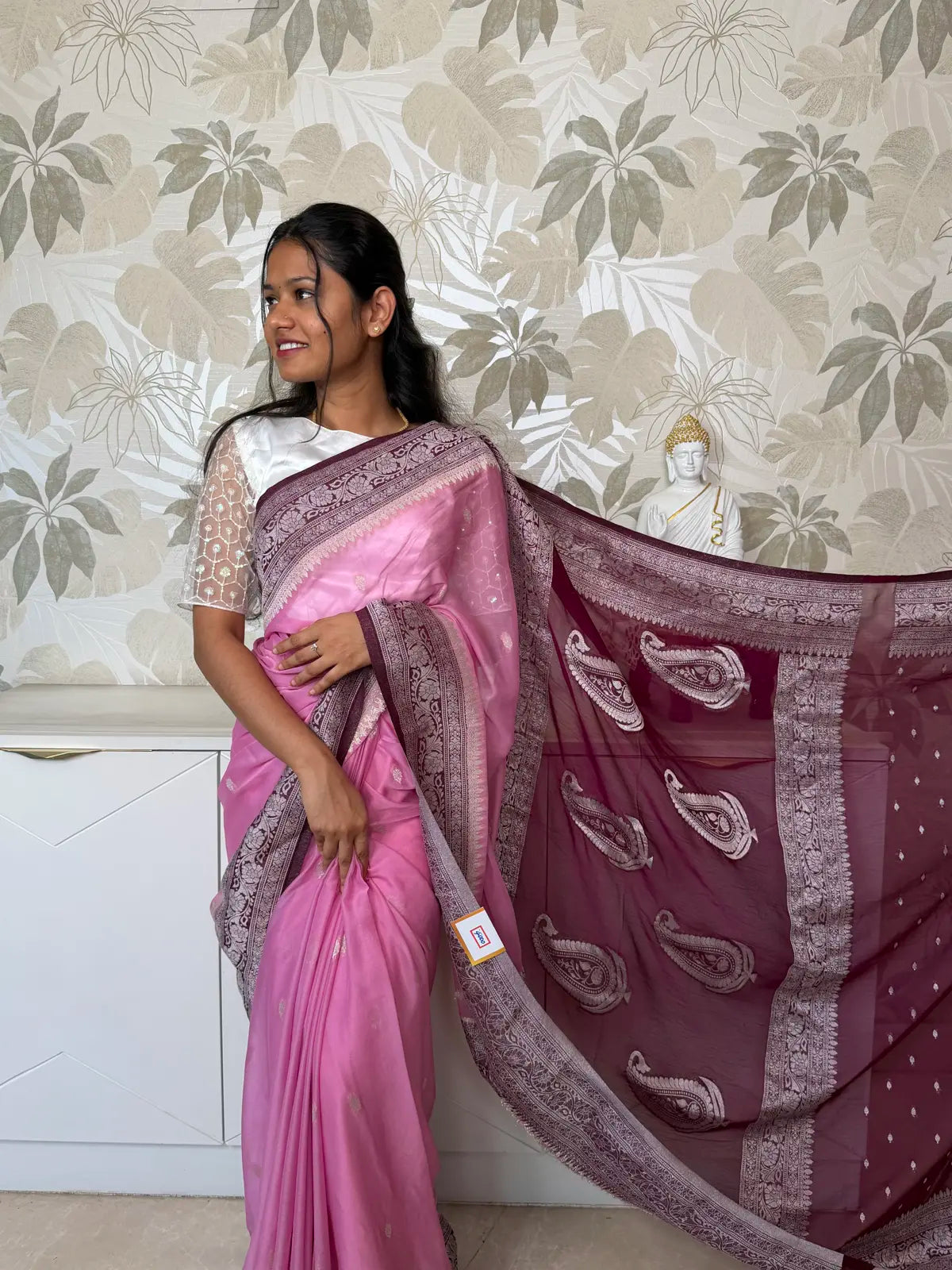 Pink Chiffon Saree with Elegant Silver Zari Borde