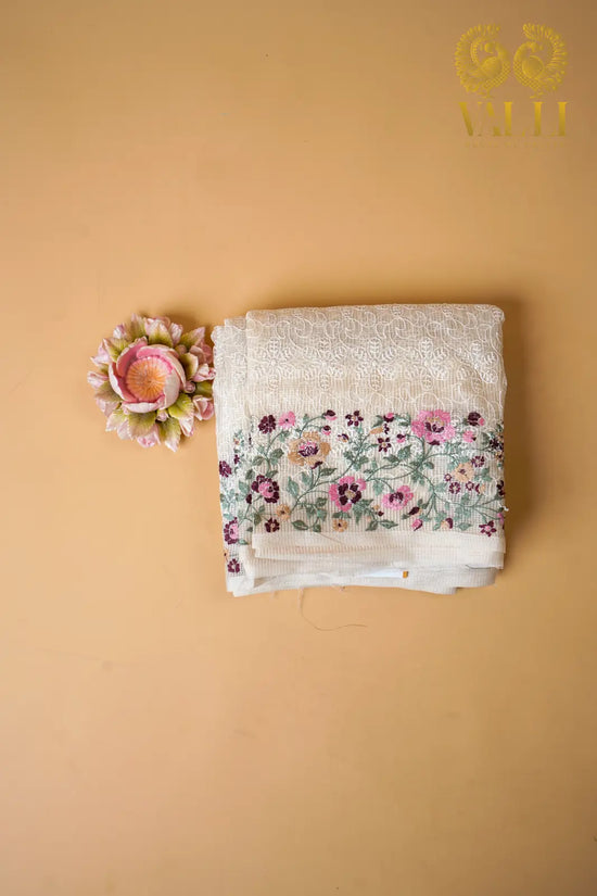 Off-White Kota Cotton Saree with Chikankari & Multicolour Floral Border Embroidery