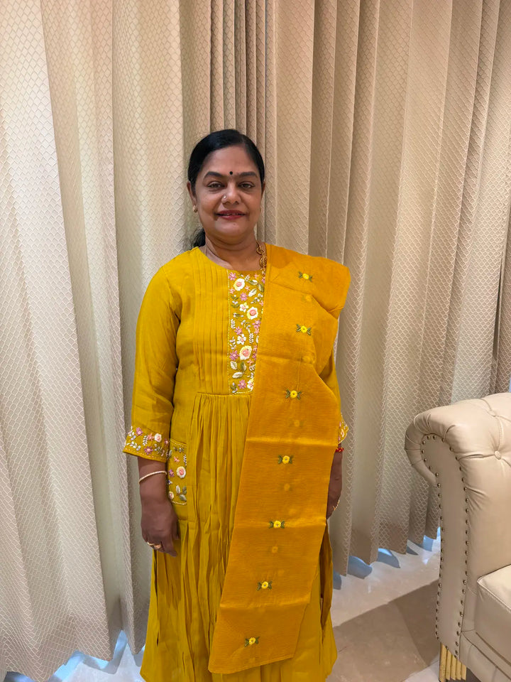 mustard yellow salwar set with pocket and Kota dupatta A Line