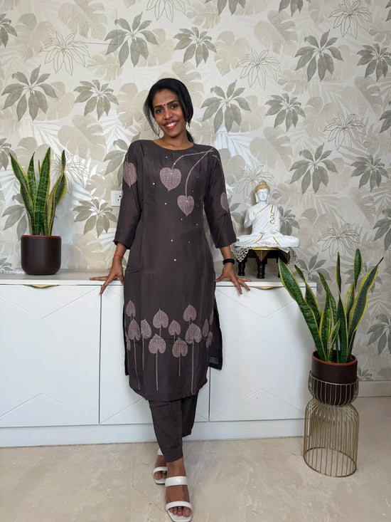 Brown Digital Print Salwar Set with Leaf Pattern