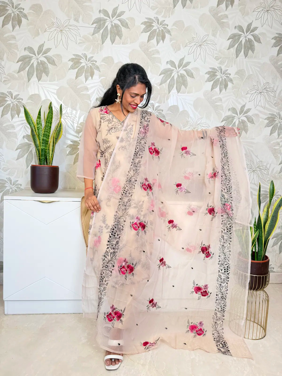 Beige Organza Salwar Set with Floral Embroider