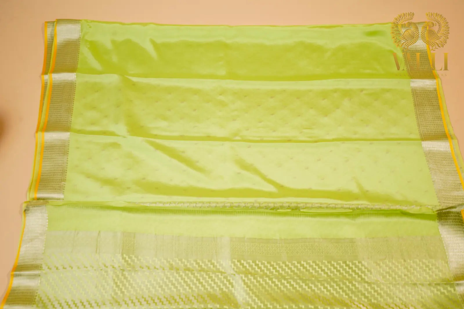 Lime Green Banarasi Crepe Silk Saree with Yellow Selvage