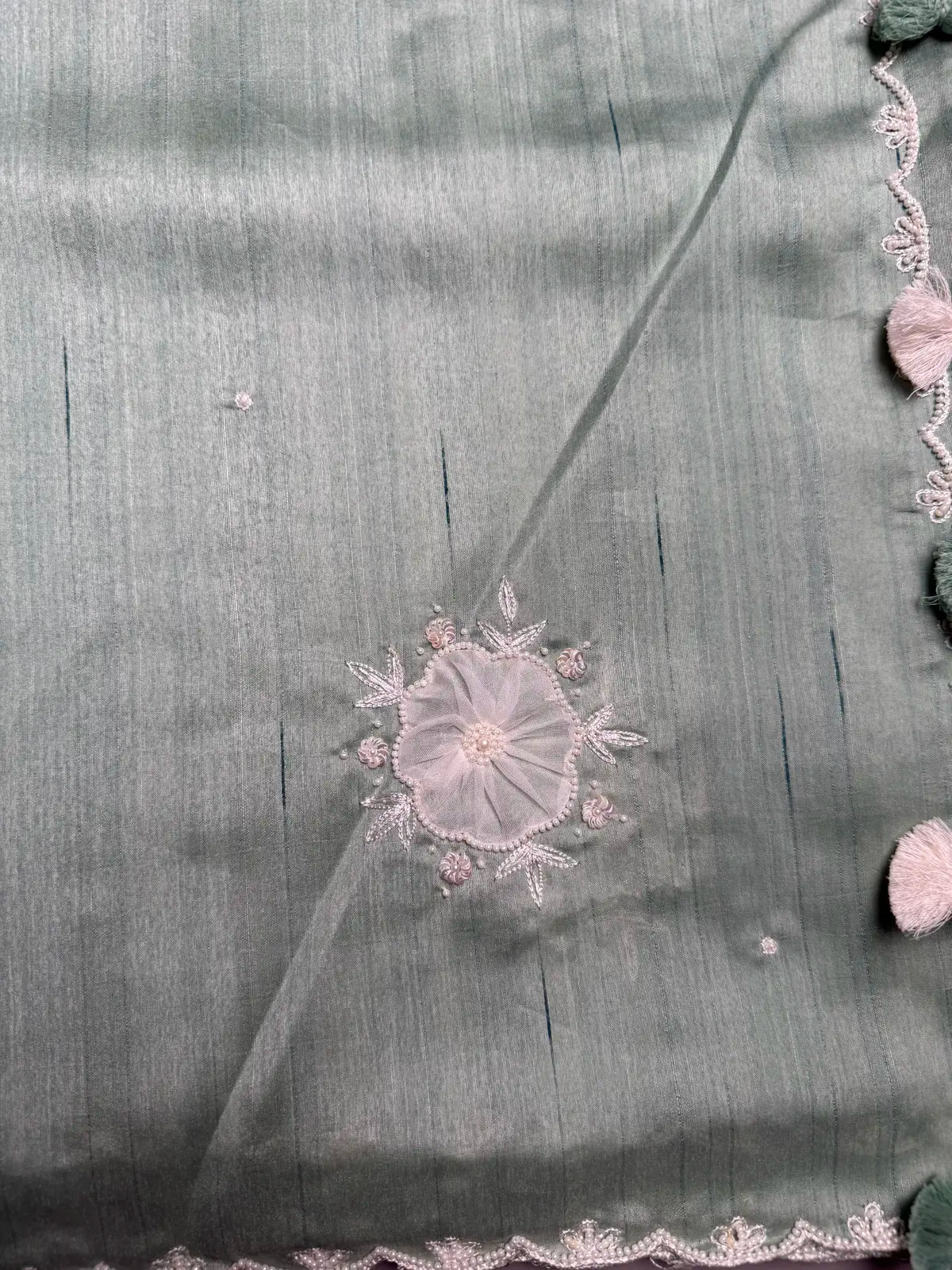 Pastel Green Taar Silk Saree with Appliqué Lace & Pearl Scallop Border