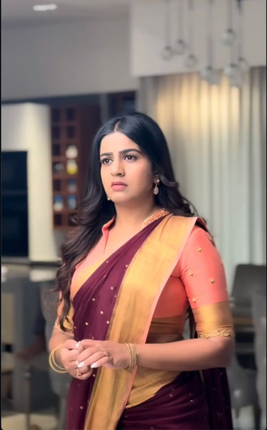 Pure Mysore Crepe Silk Saree Maroon + peach 