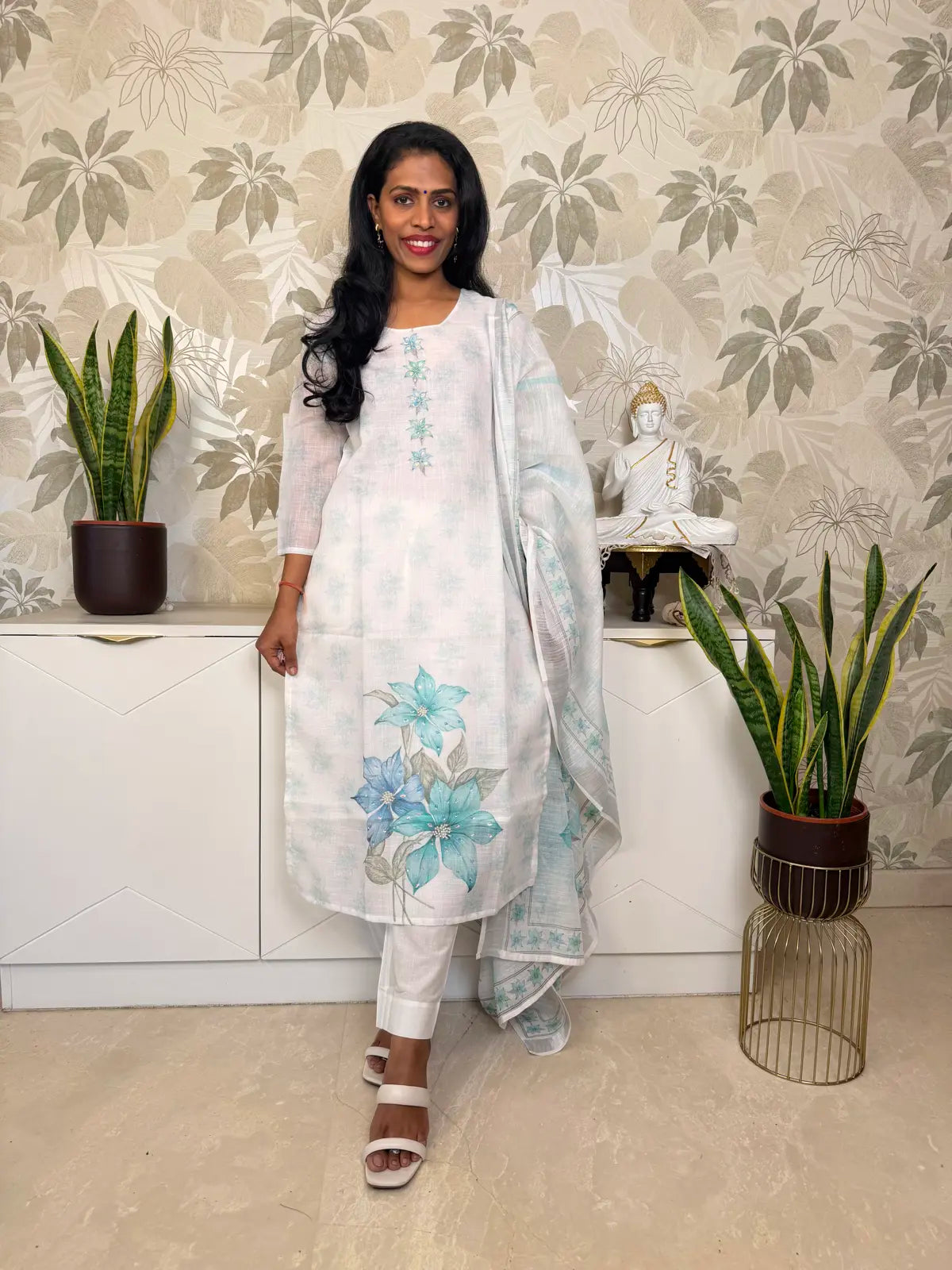 White Linen Salwar Set with Blue-Green Floral Digital Print