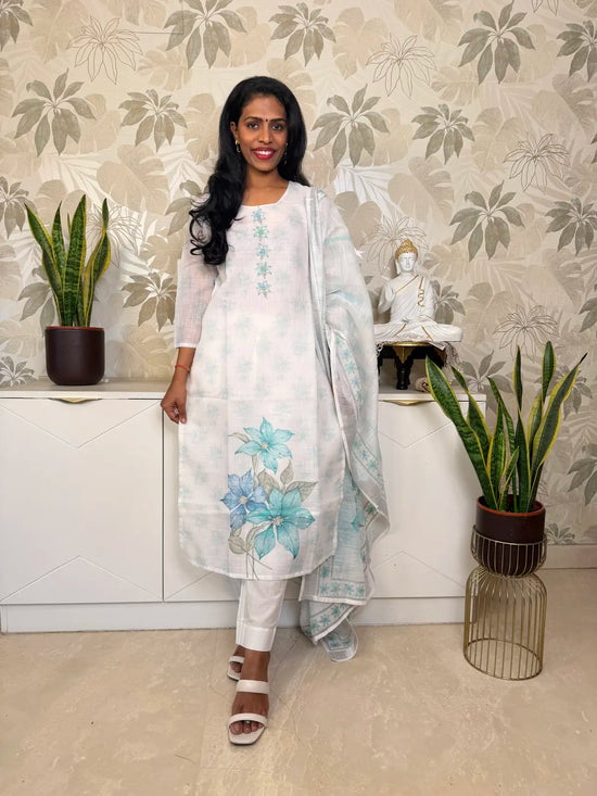 White Linen Salwar Set with Blue-Green Floral Digital Print