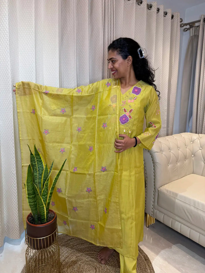 Lemon green  salwar set with pearl work v neck. A LINE SALWAR