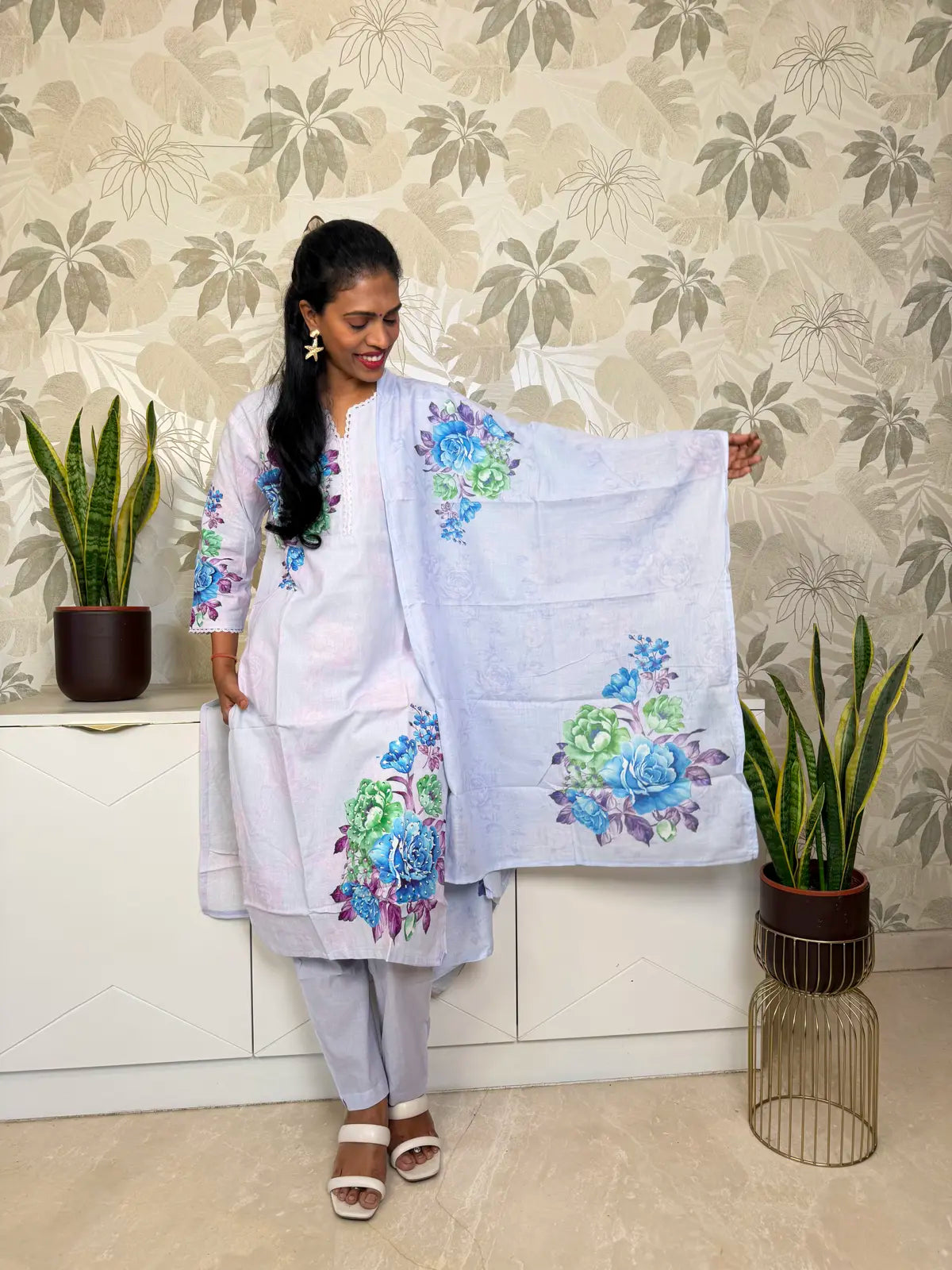 Lavender Cotton Salwar Set with Floral Bouquet Design