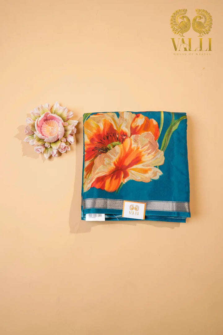 Pushpavalli Saree  – teal Blue cotton viscose 