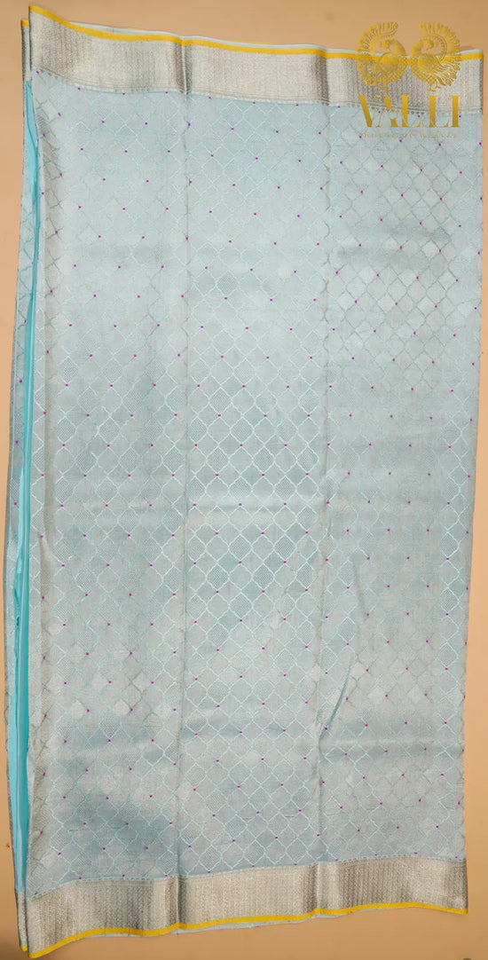 Powder Blue Banarasi Crepe Silk Saree with Yellow Selvage