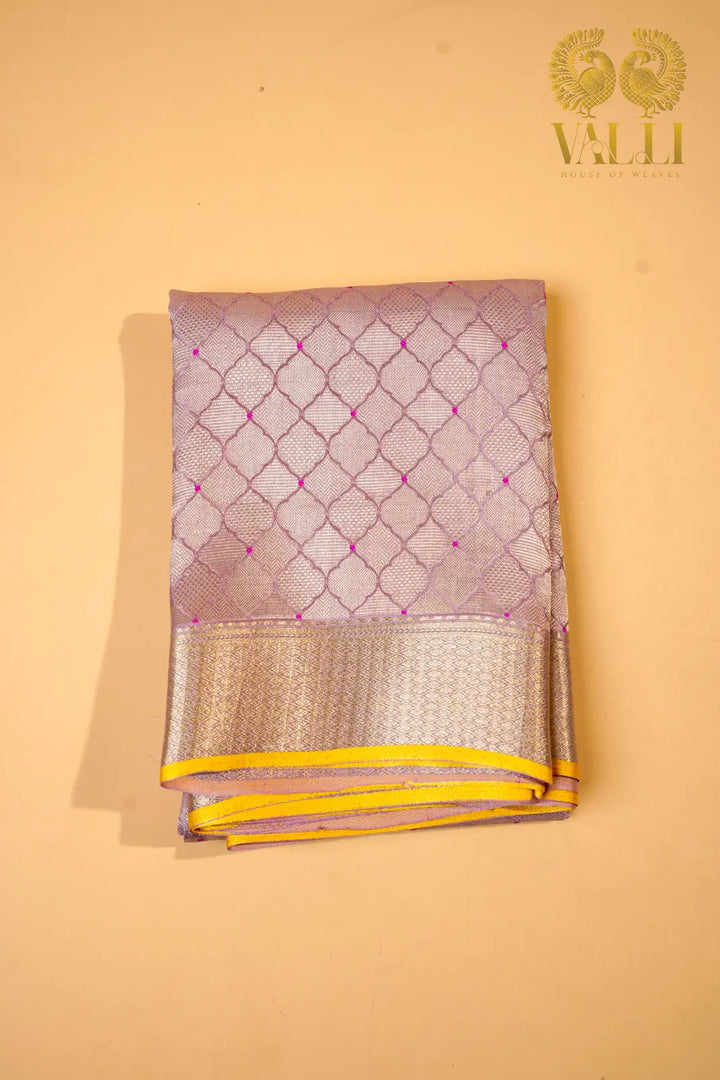 Blush Pink Banarasi Crepe Silk Saree with Yellow Selvage
