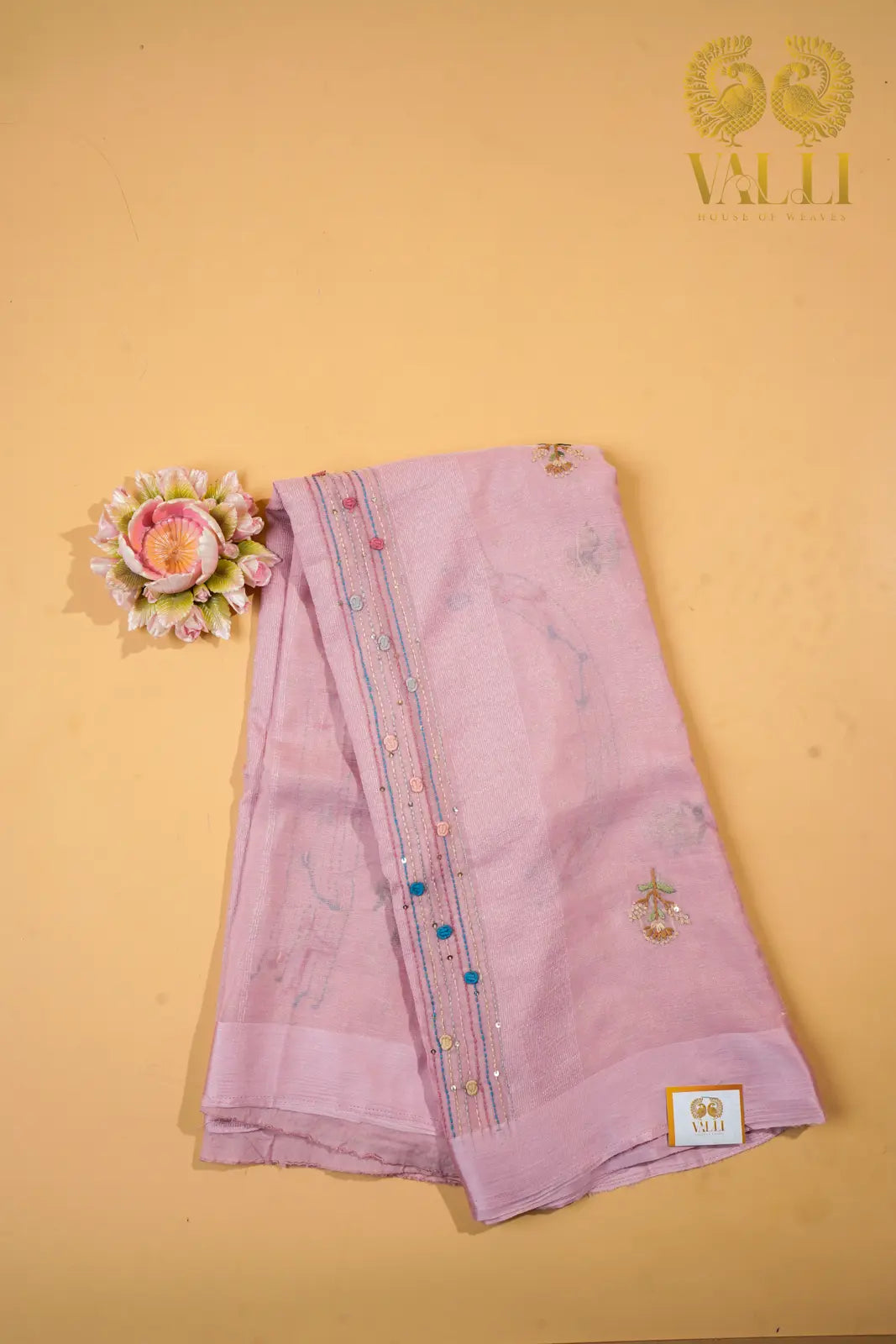 Pastel Pink Chiffon Saree with French Knot Embroidery