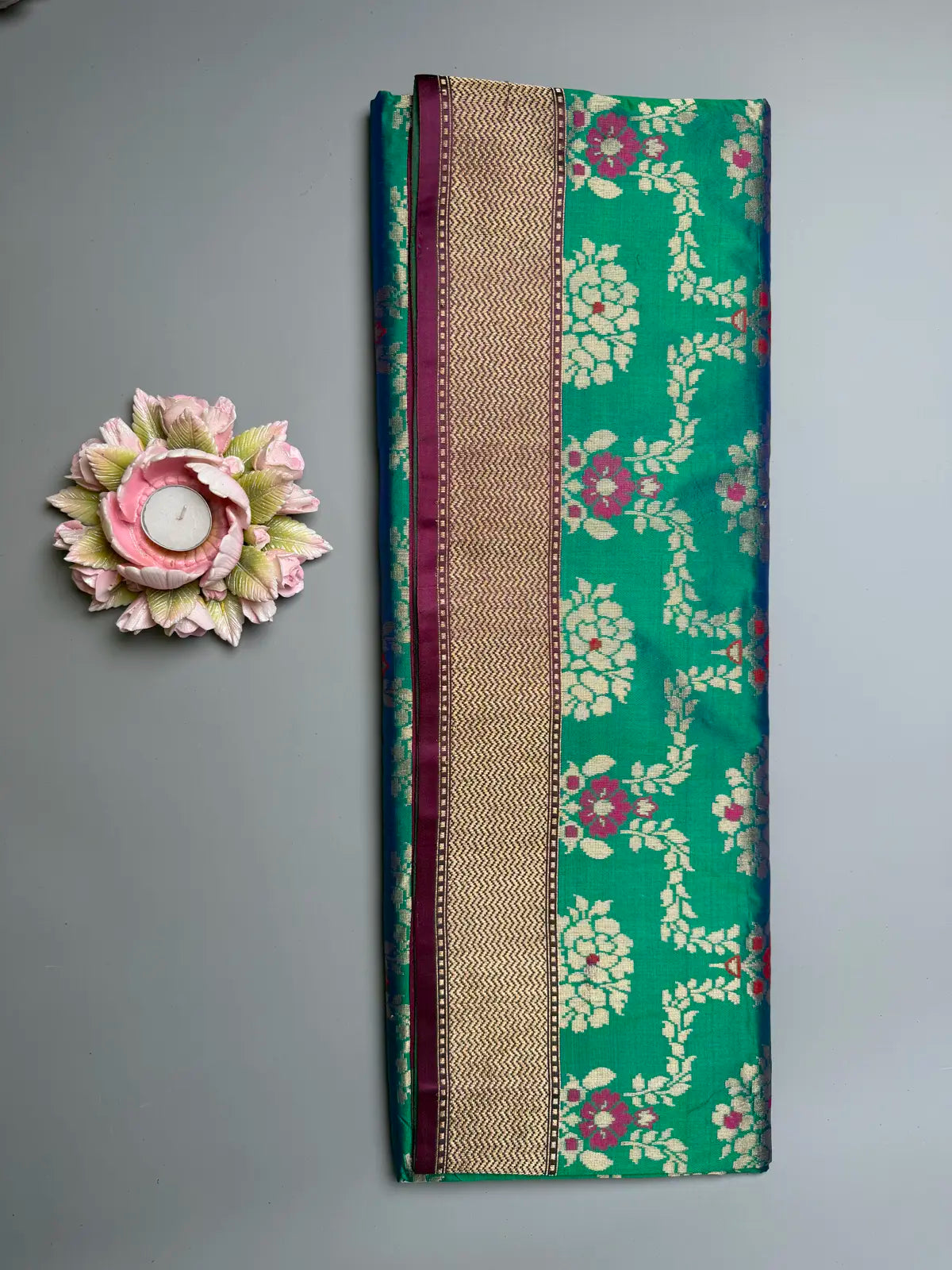 Pure Banarasi Silk Saree With bottle green Jaal with plum 