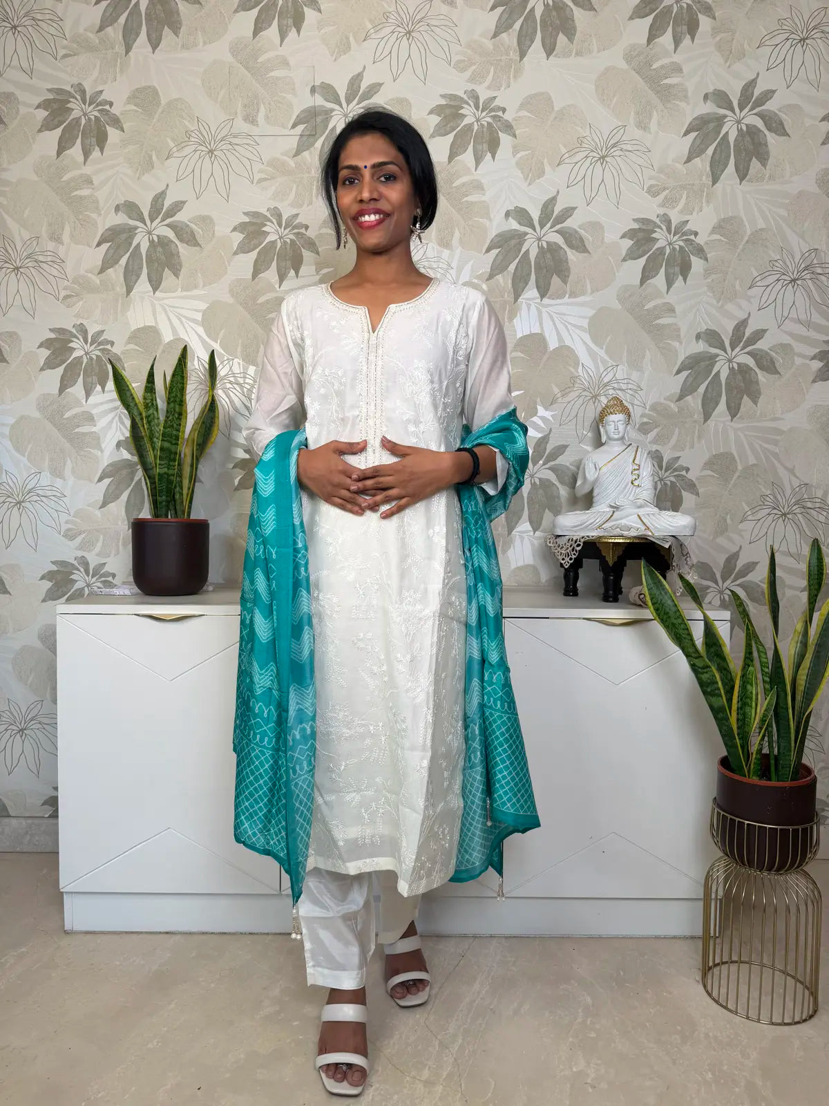 White Embroidered Salwar Set with Sky Blue Shibori Dupatta