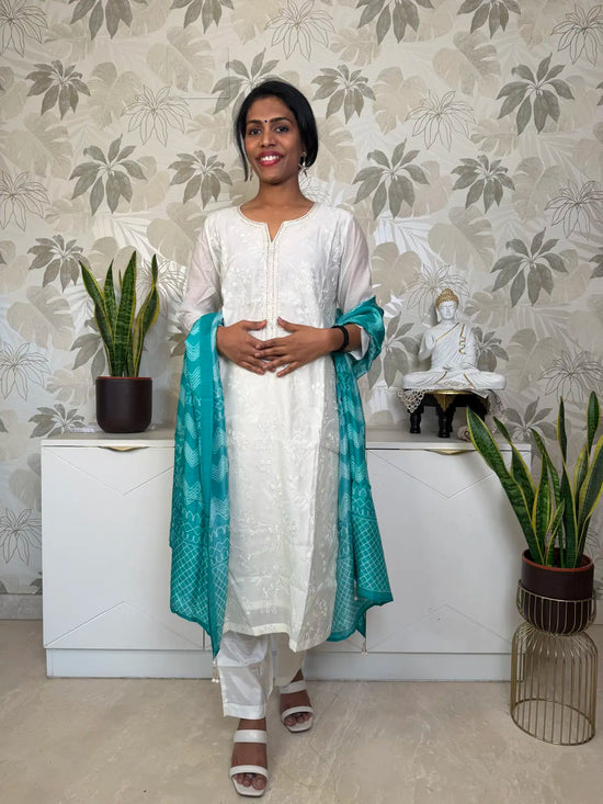 White Embroidered Salwar Set with Sky Blue Shibori Dupatta