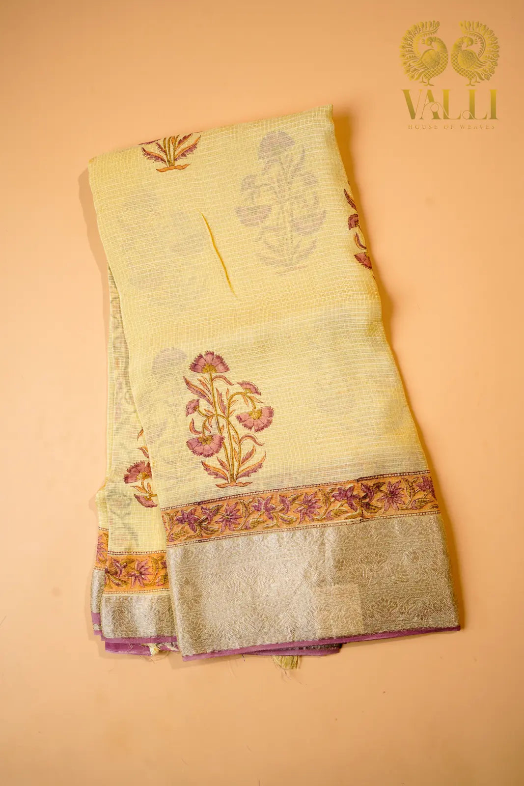 Pastel Yellow Kota Cotton Block Print Saree with Zari Border