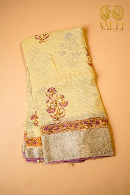 Pastel Yellow Kota Cotton Block Print Saree with Zari Border