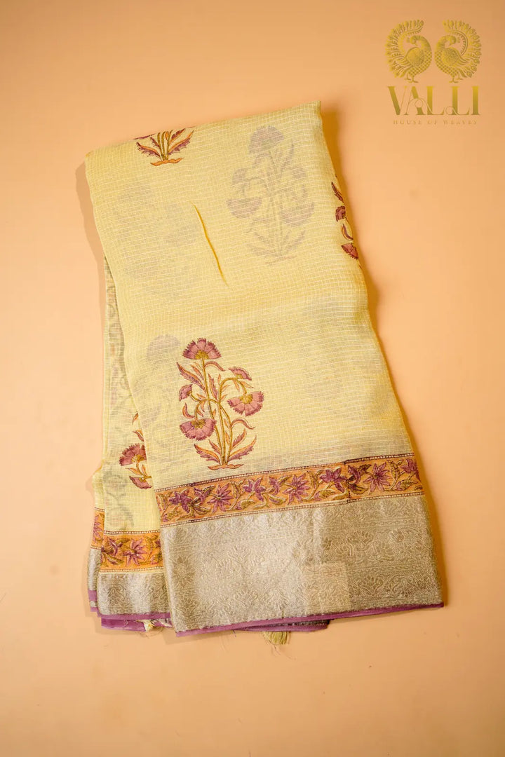 Pastel Yellow Kota Cotton Block Print Saree with Zari Border