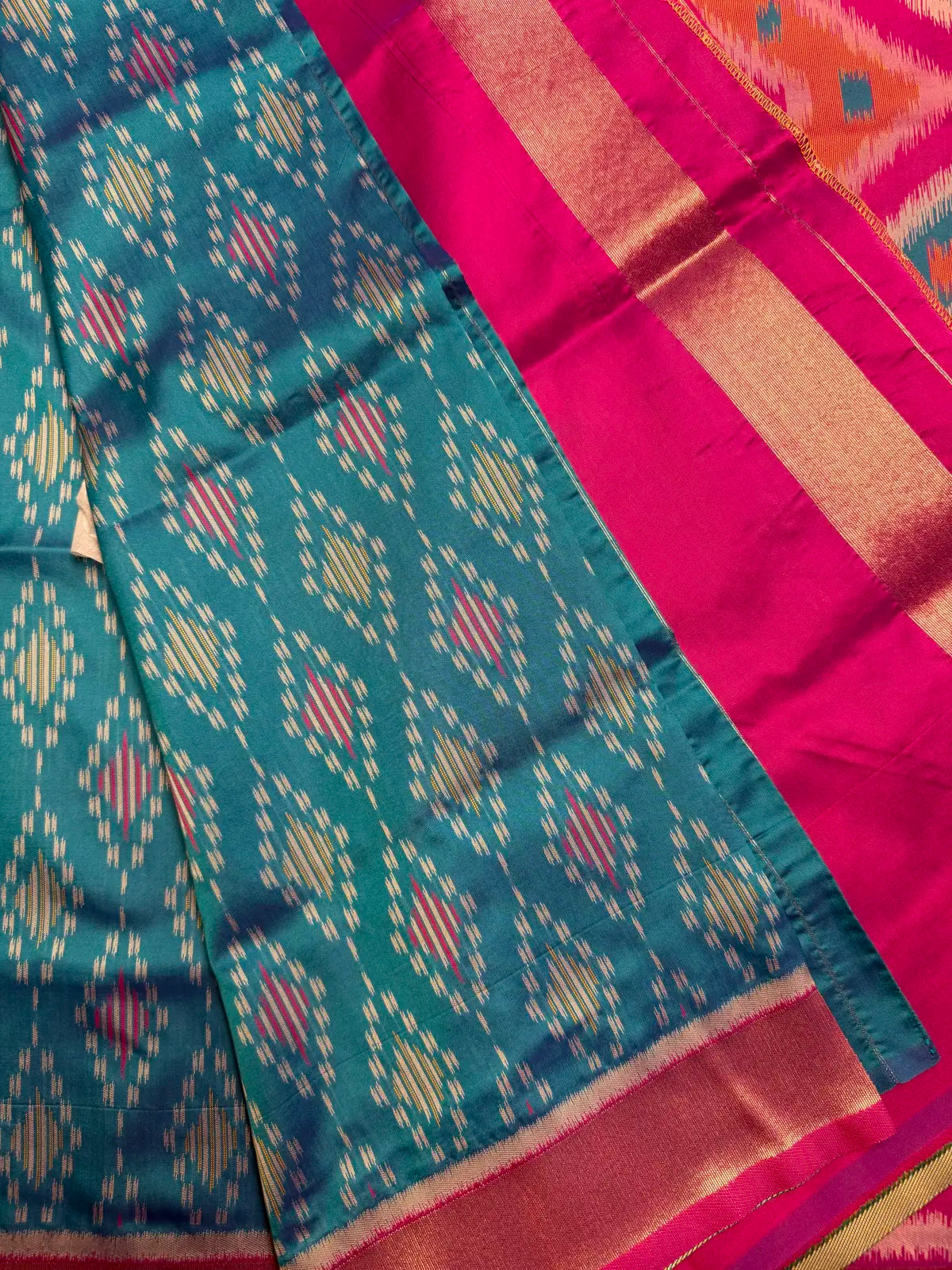 Teal Blue Pochampally Ikat Saree with Pink Contrast Border