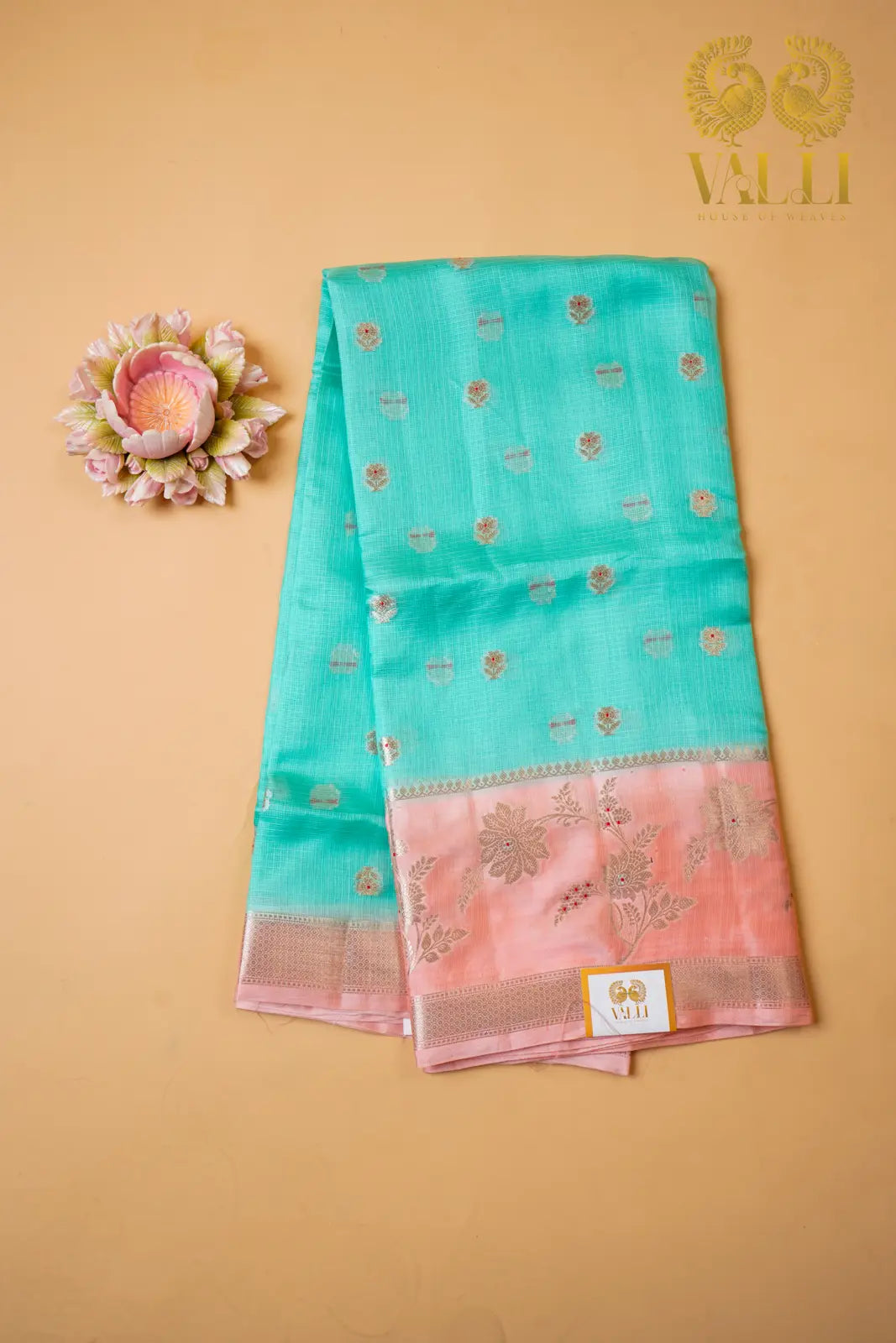 Sea Green Kota Saree with Raw Mango Border & Peach Brocade Blouse