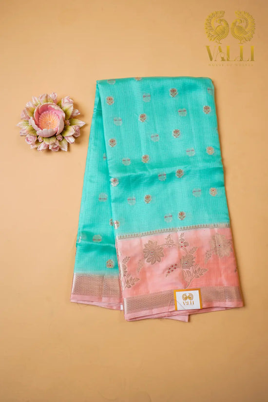 Sea Green Kota Saree with Raw Mango Border & Peach Brocade Blouse