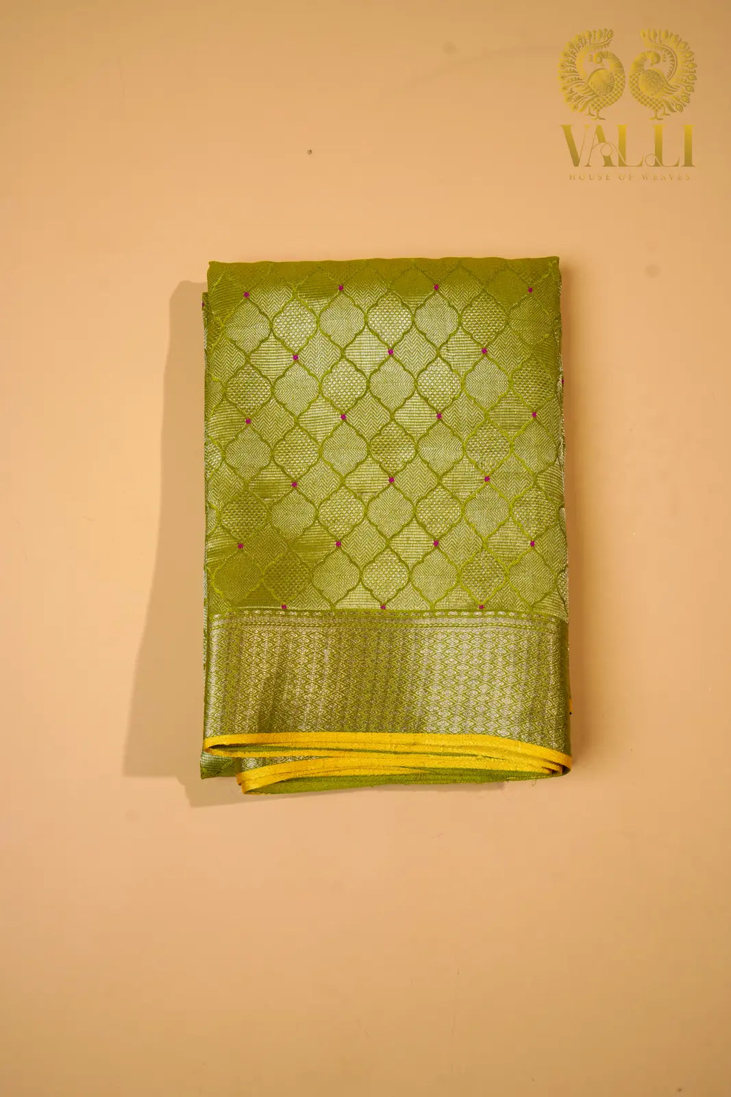 Lemon Green Banarasi Crepe Silk Saree with Yellow Selvage