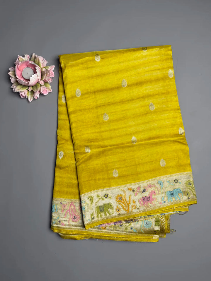 Mustard Yellow Shibori Tussar Georgette Saree with Pichwai Weave
