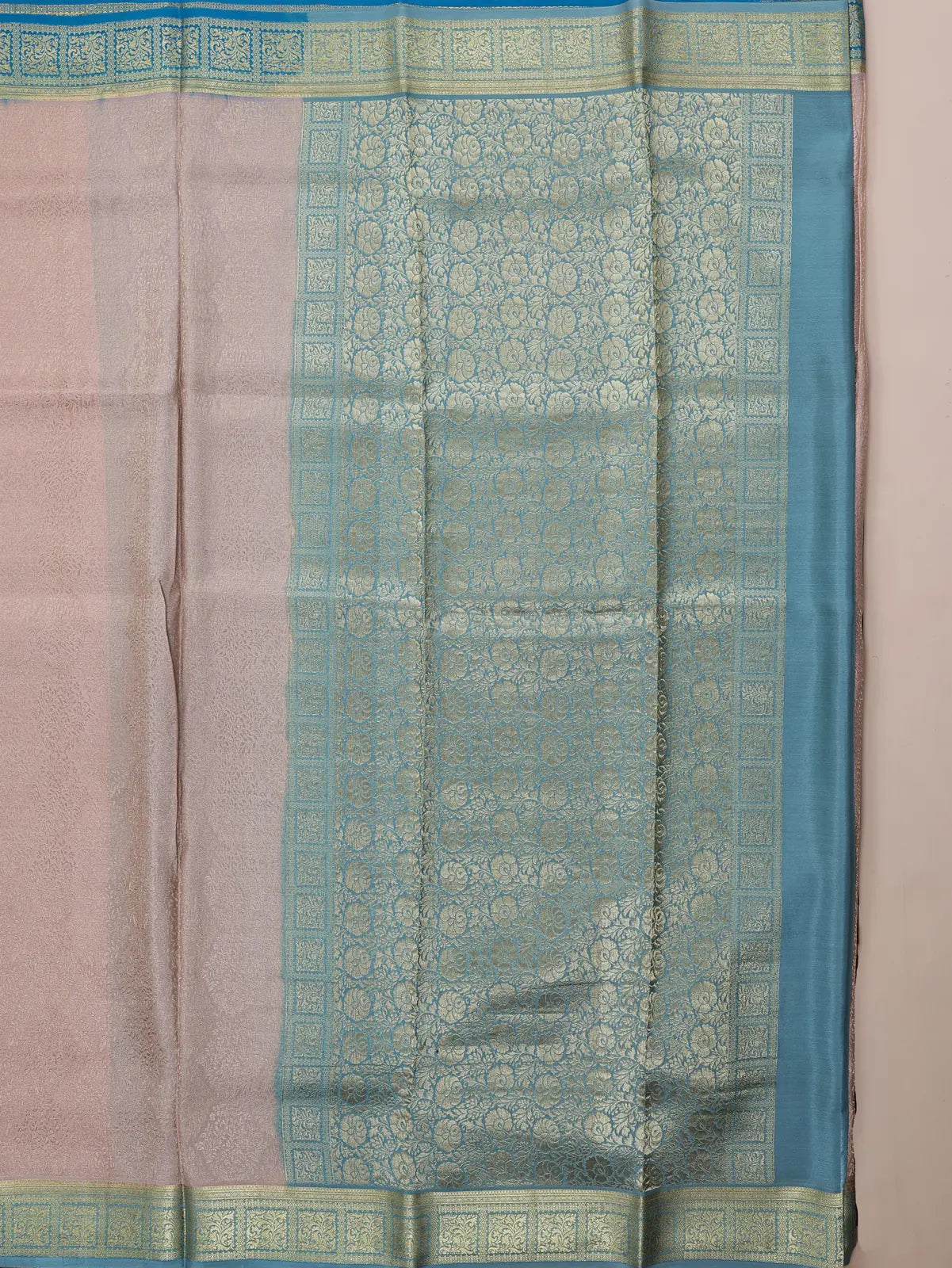 Brocade Mysore Silk Saree – Beige with Sea Green Contrast
