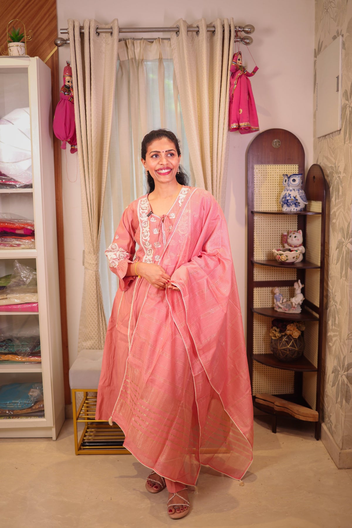 Peach Pink A-Line Salwar Set with Neck Embroidery