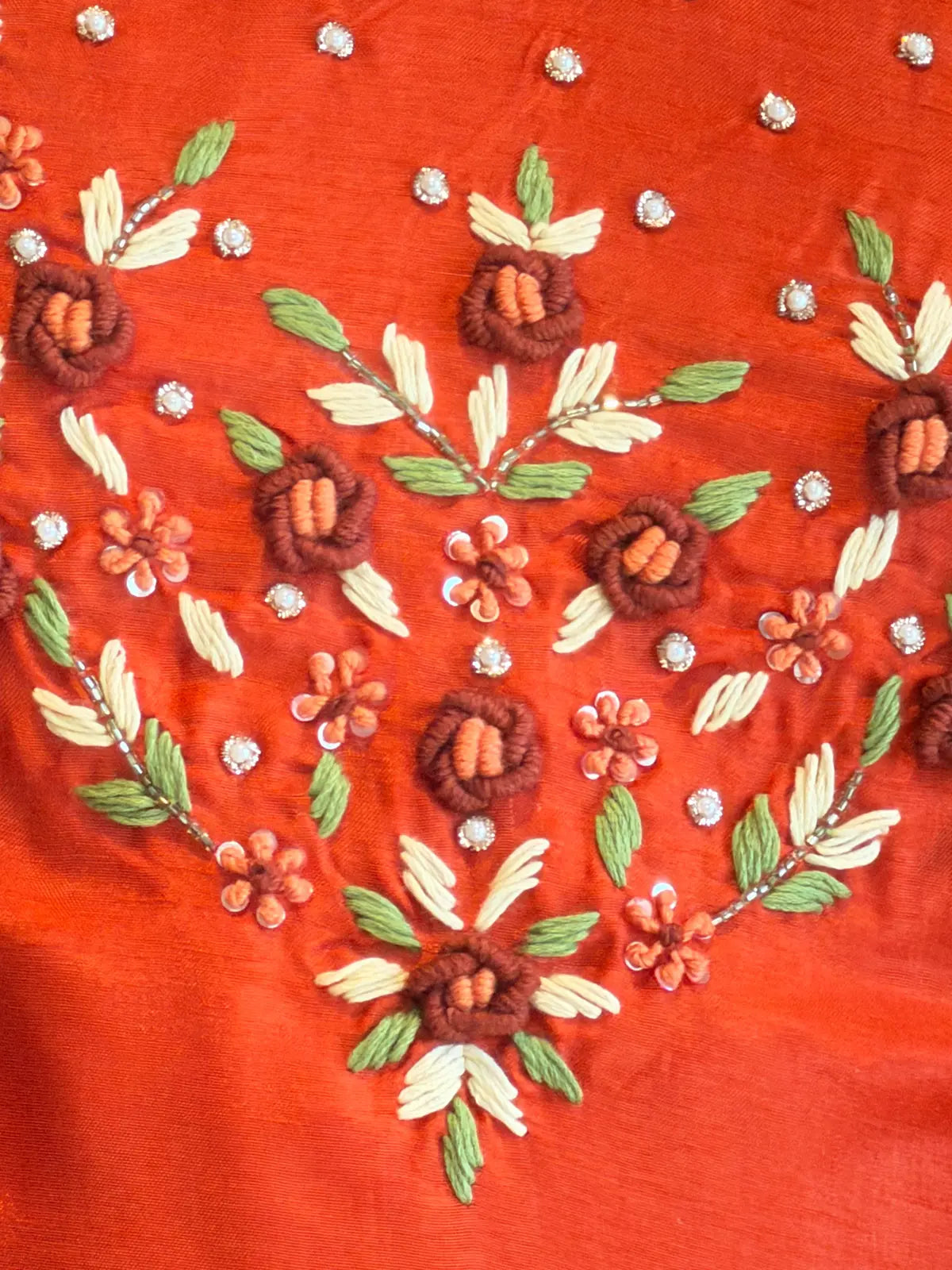 orange silk salwar set French knot embroidery brocade dupatta