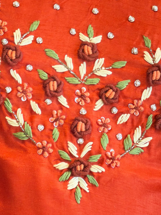 orange silk salwar set French knot embroidery brocade dupatta