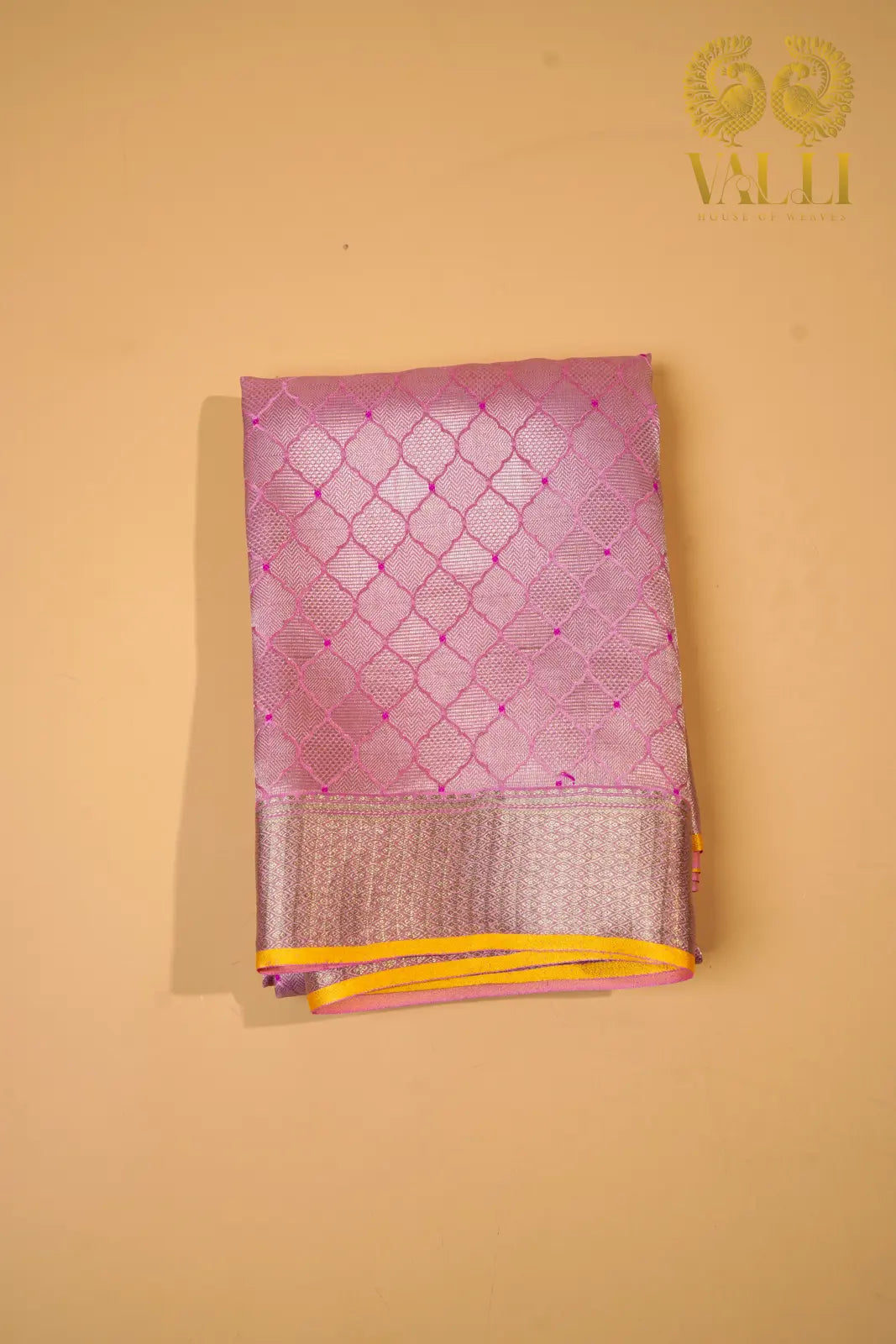 Baby Pink Banarasi Crepe Silk Saree with Yellow Selvage