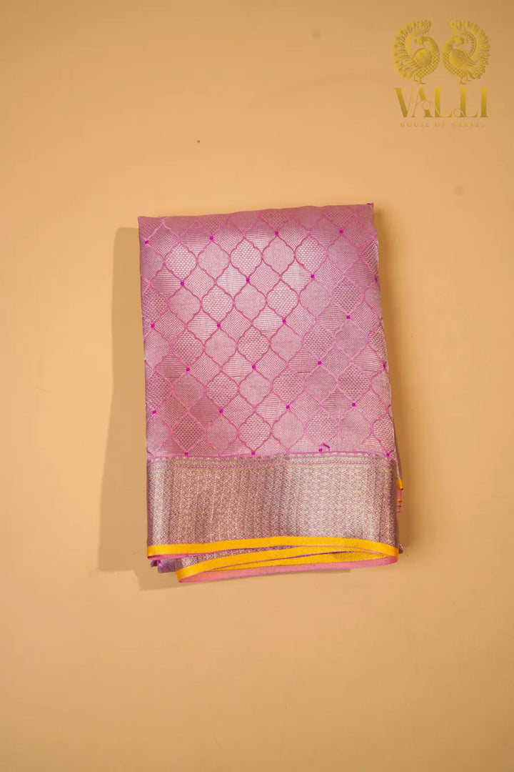 Baby Pink Banarasi Crepe Silk Saree with Yellow Selvage