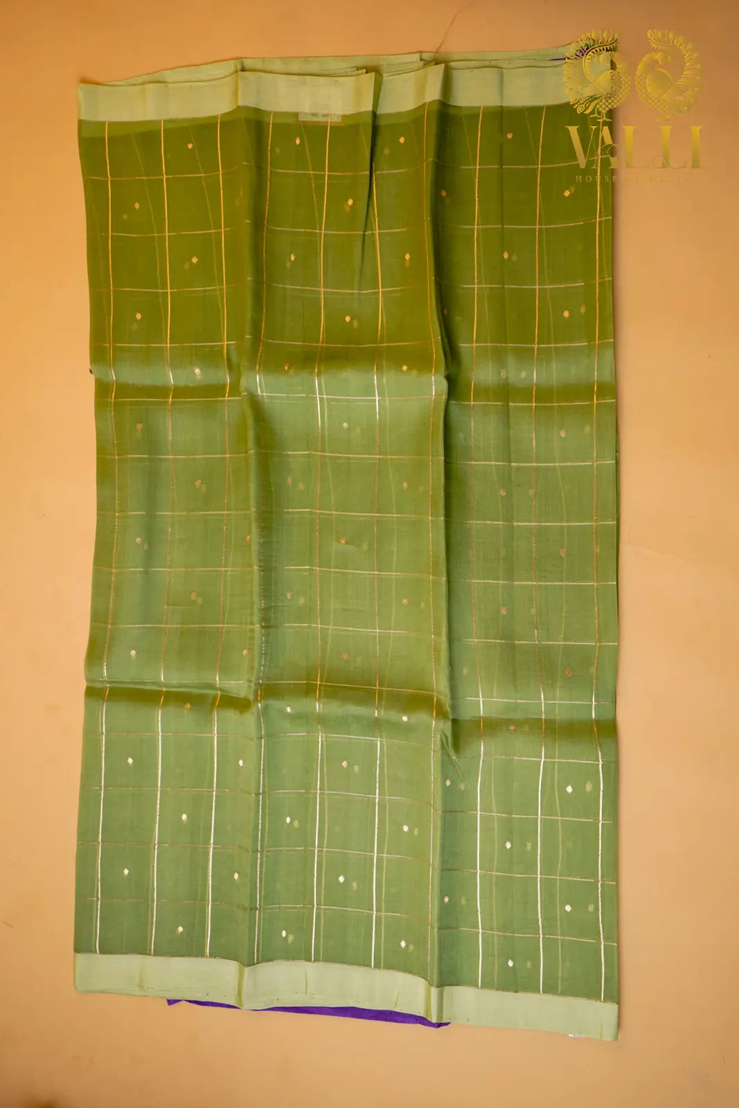 Pista Green Kora Organza Saree with Contrast Purple Checked Blouse