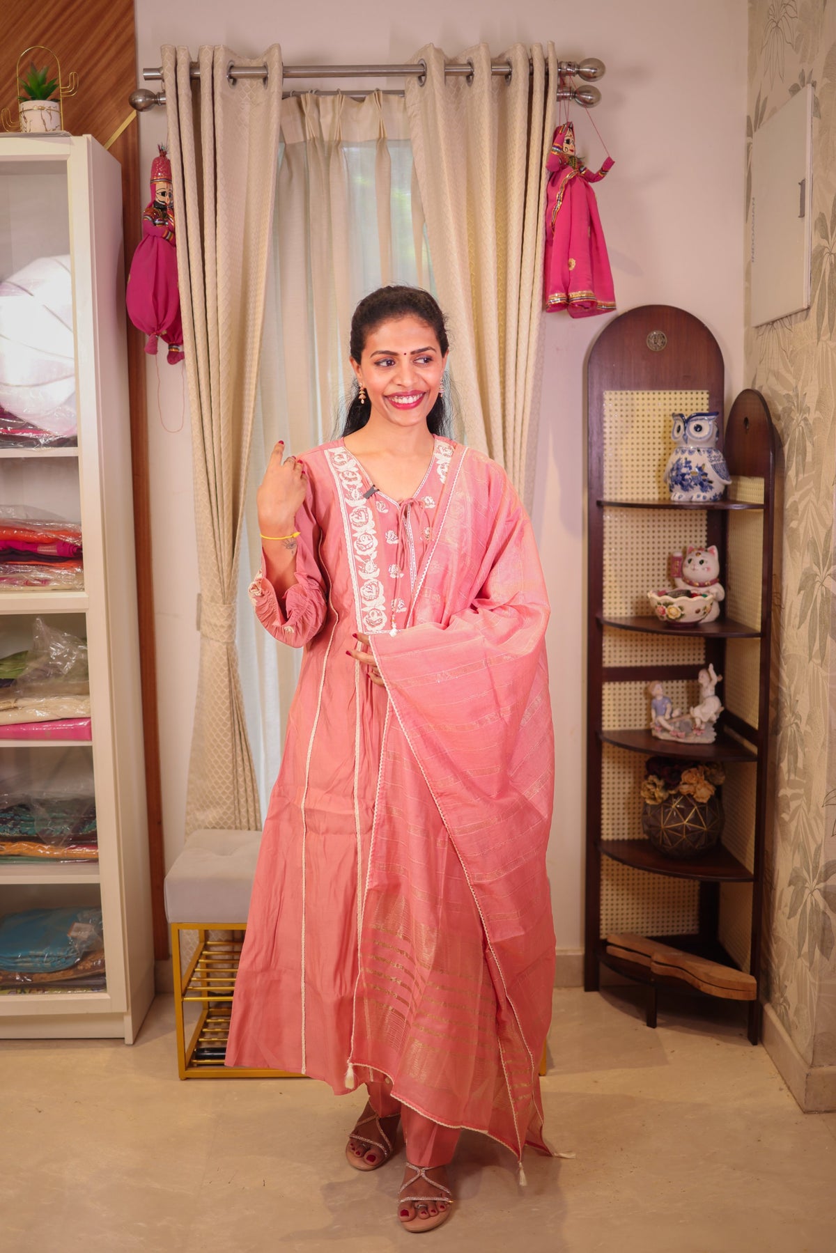 Peach Pink A-Line Salwar Set with Neck Embroidery
