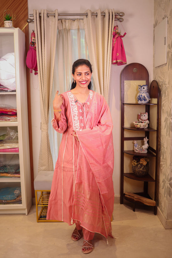 Peach Pink A-Line Salwar Set with Neck Embroidery