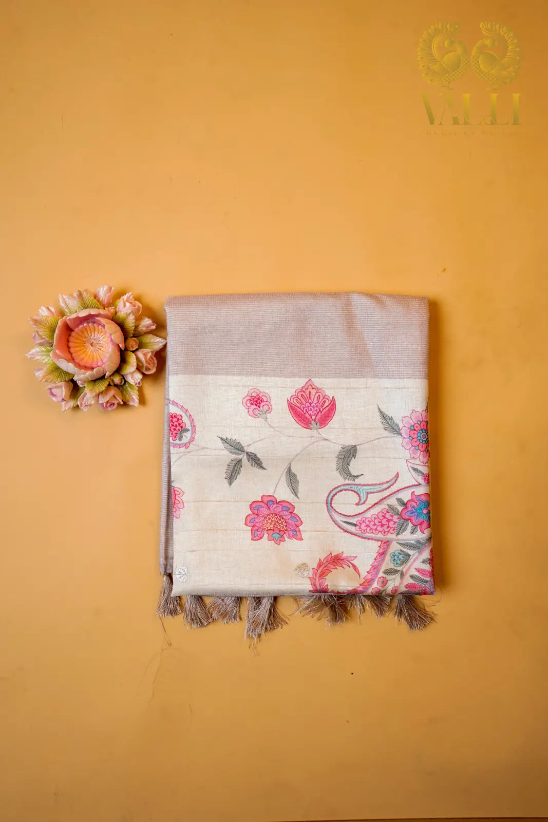 Ivory pastel beige Tussar Silk Saree with Floral Digital Print & Zari Border beige 