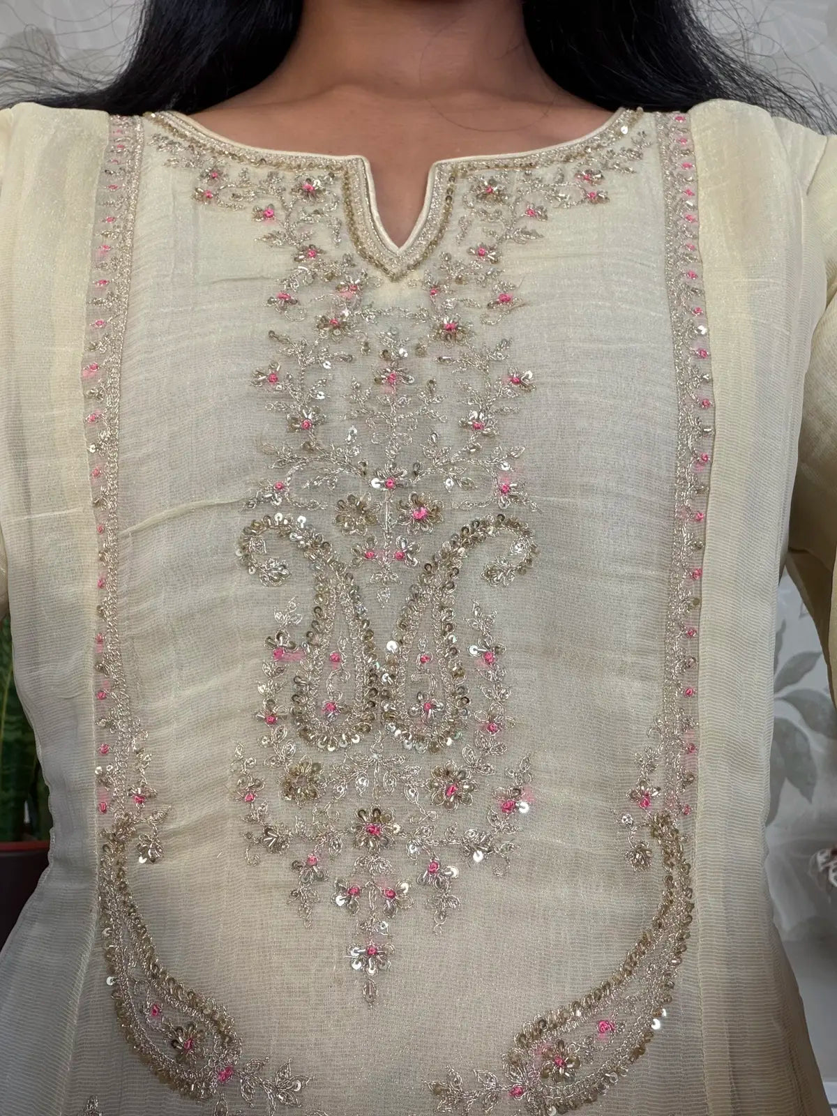 Tissue Salwar Set with Zardozi Mango Neck Work