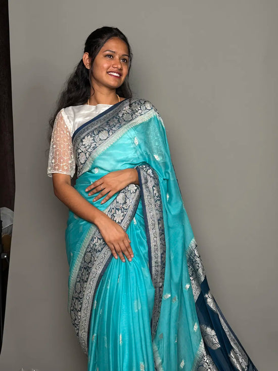 Light Blue Chiffon Saree with Elegant Silver Contrast Border