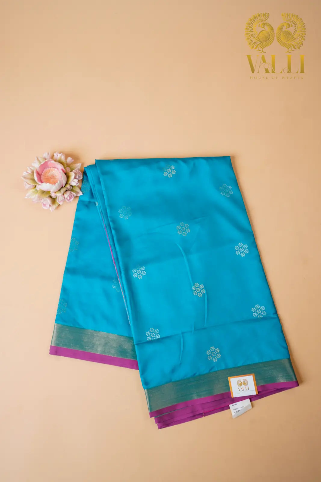 Teal Blue Soft Silk Saree with Floral Motifs & Rich Pink Pallu