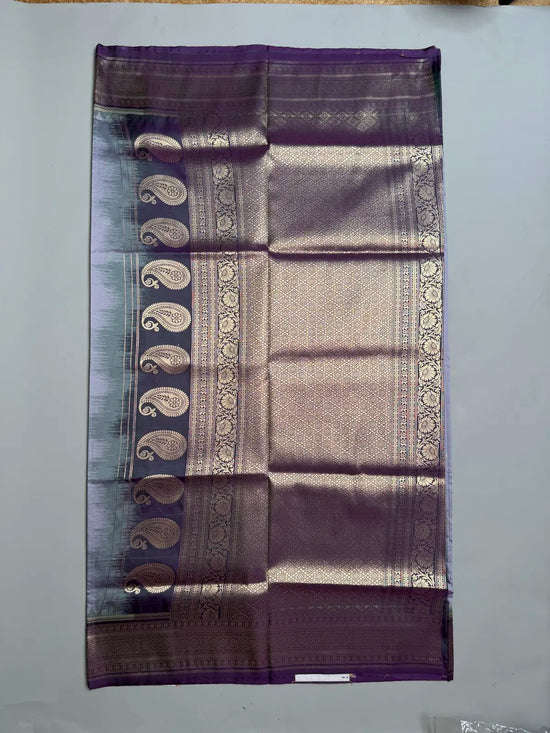   Light Grey Kanchipuram Soft Silk Saree with Contrast Green Border