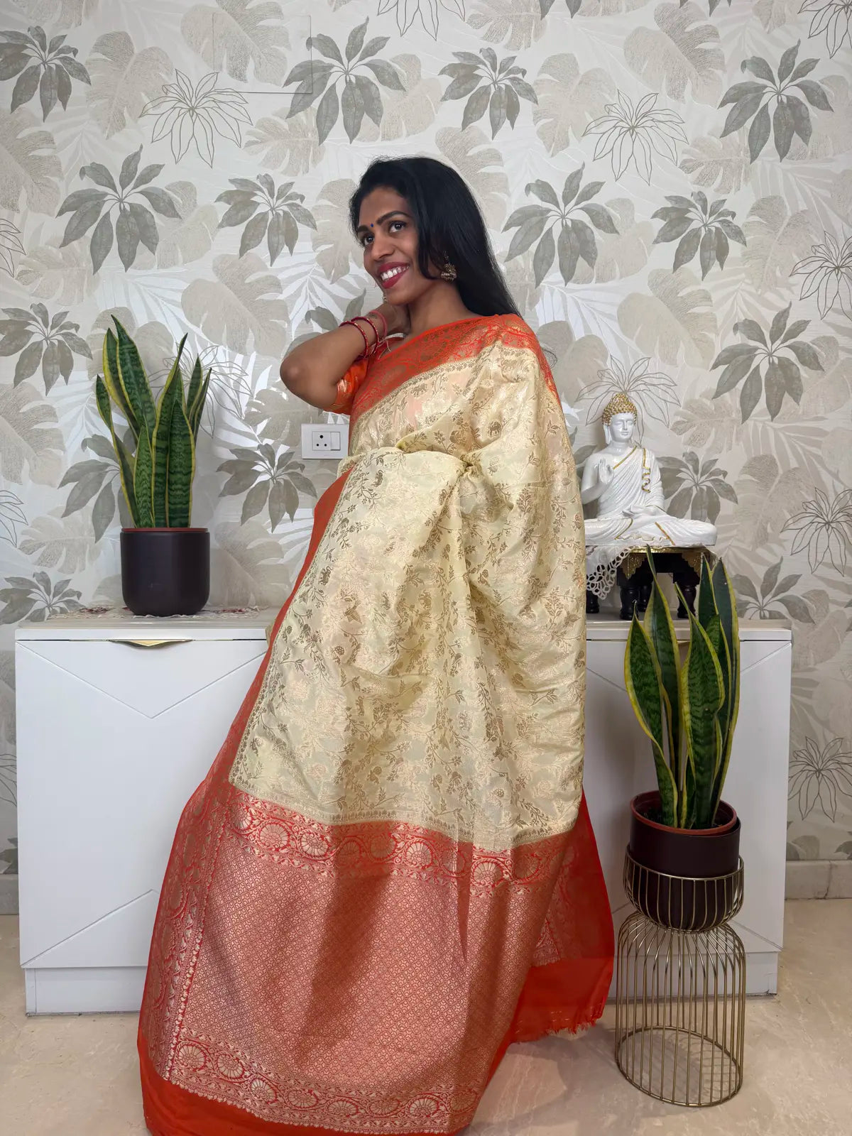 Semi Banarasi Saree in Pastel Yellow with Orange Pallu