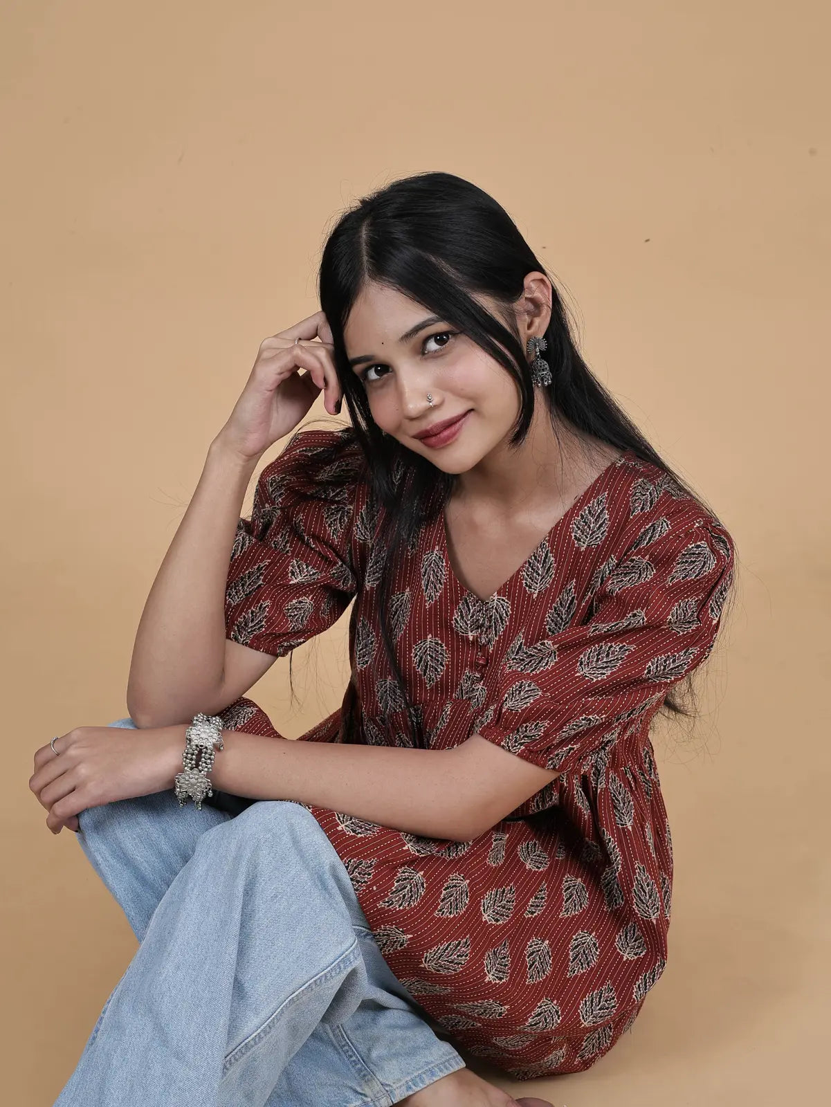 Maroon Alia-Cut Short Top Kurti